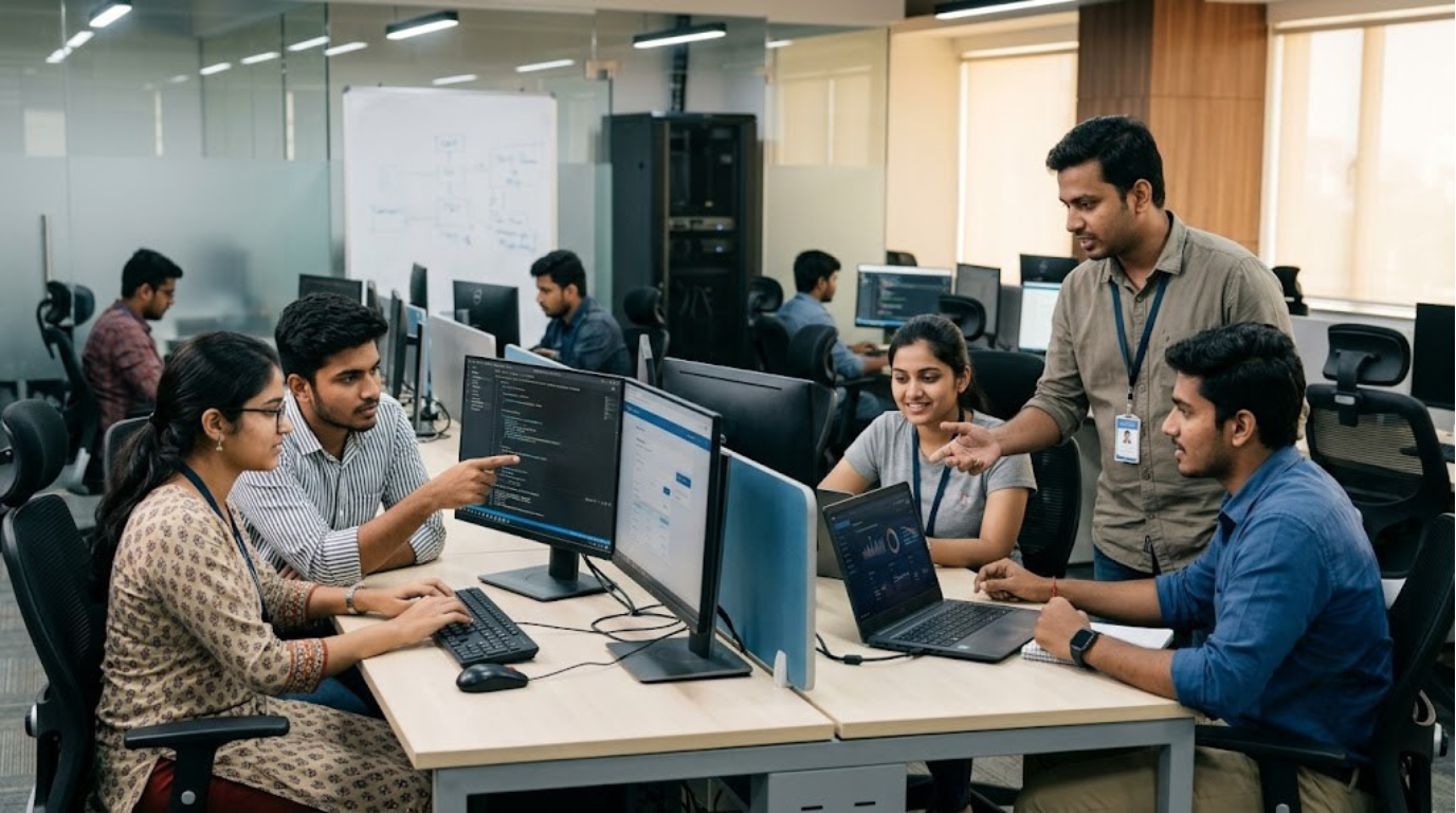 BTech students gaining practical software development experience through live projects and professional mentorship during an IT internship