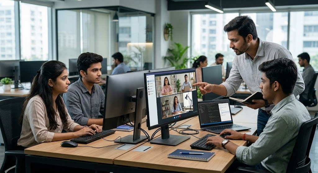 Students collaborating with remote interns and a professional mentor during a hybrid IT internship program