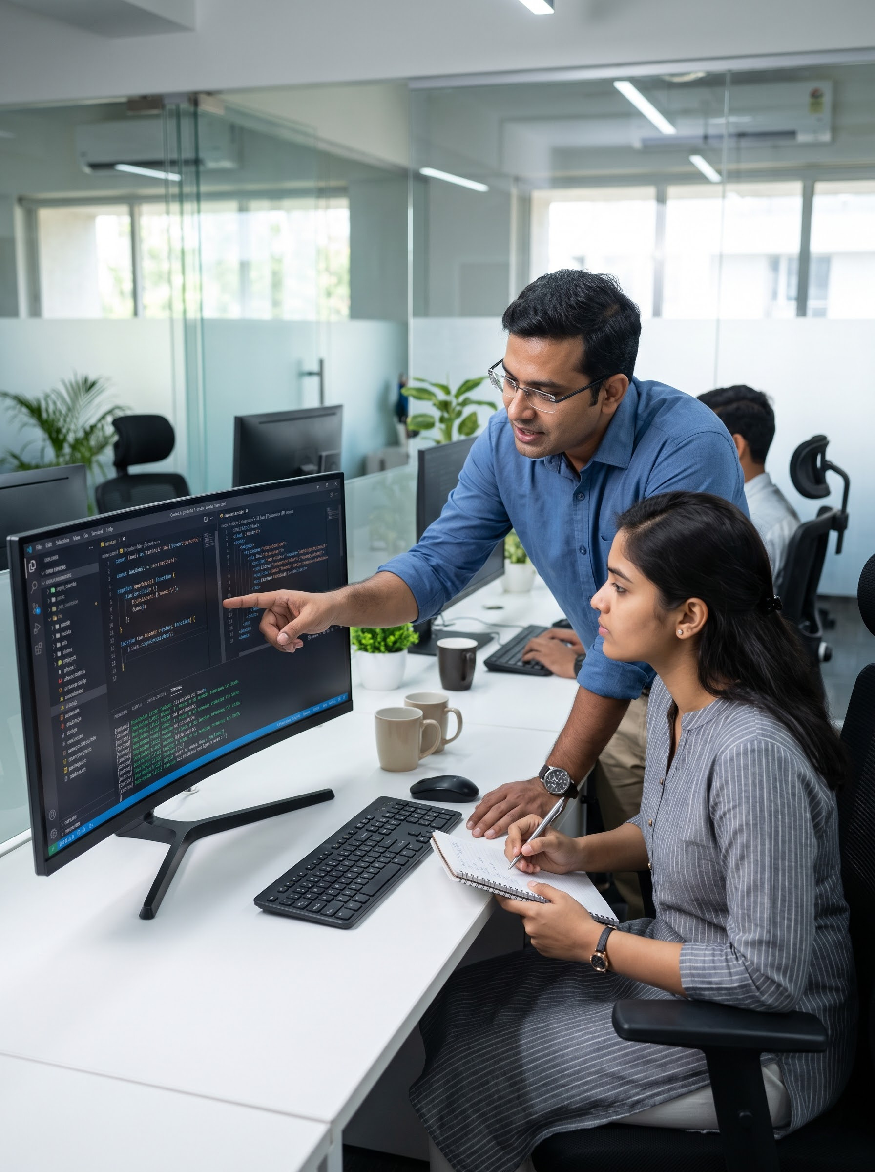 BE engineering student receiving hands-on IT internship training from a software development mentor