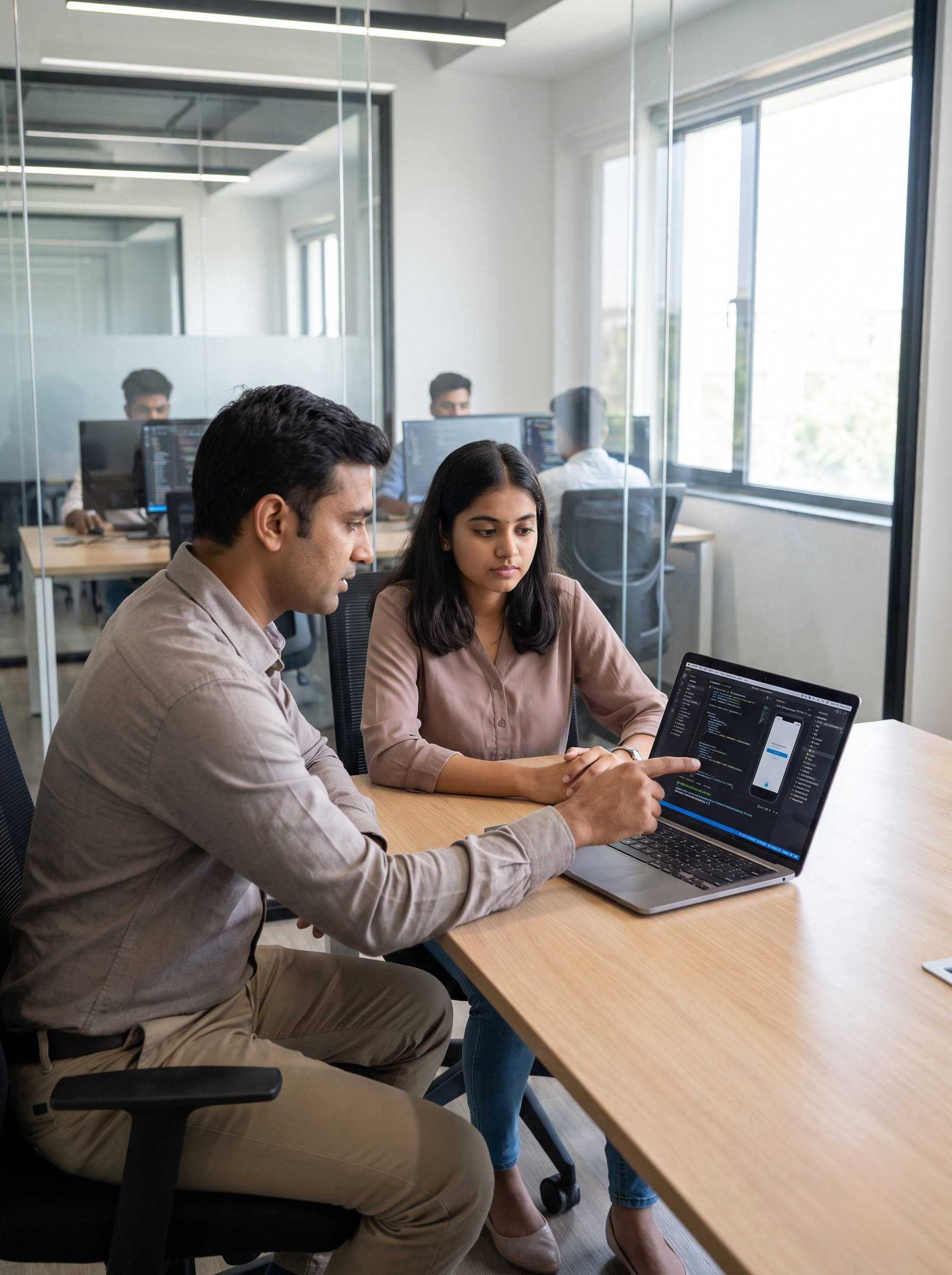 Students receiving React Native mobile app development internship training from an experienced developer