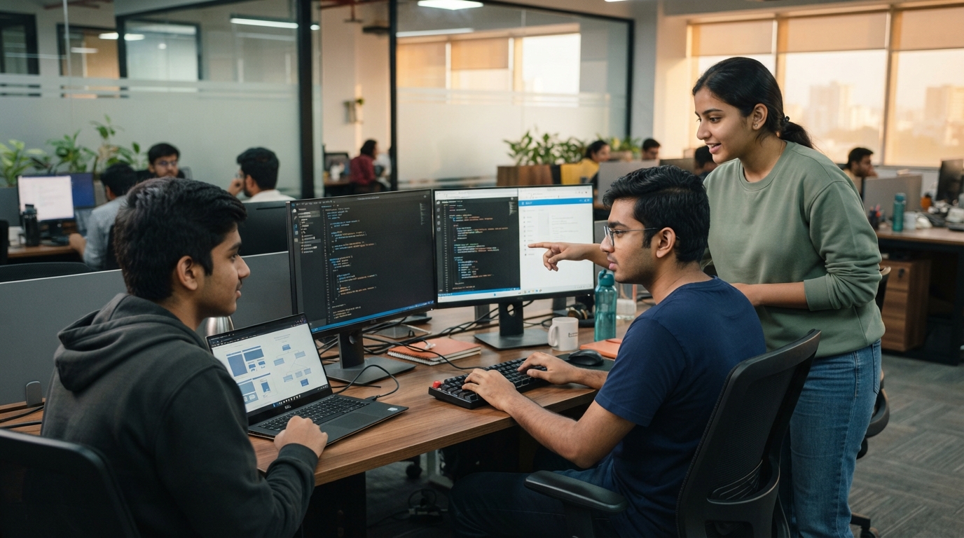 Software development internship students collaborating on coding and web development projects in a professional IT workspace
