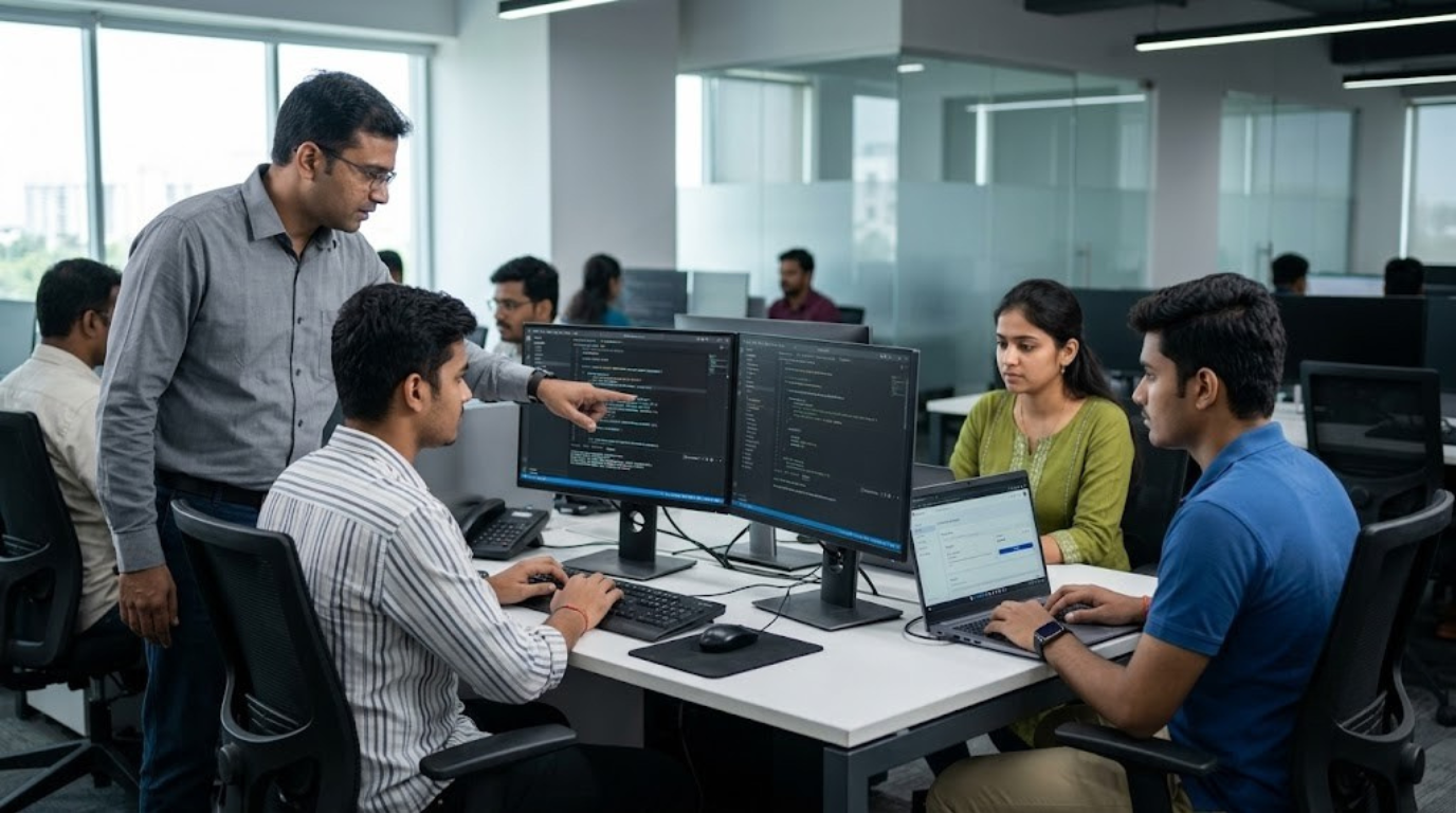 Students gaining hands-on software development experience with mentor guidance during an IT internship program